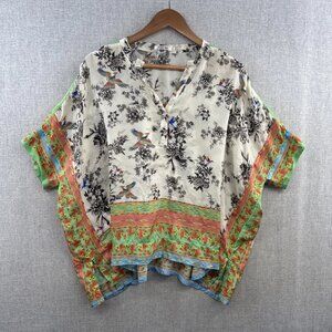 Johnny Was Silk Blouse Top Small Relaxed Rainbow Birds Printed Short Sleeve Boho